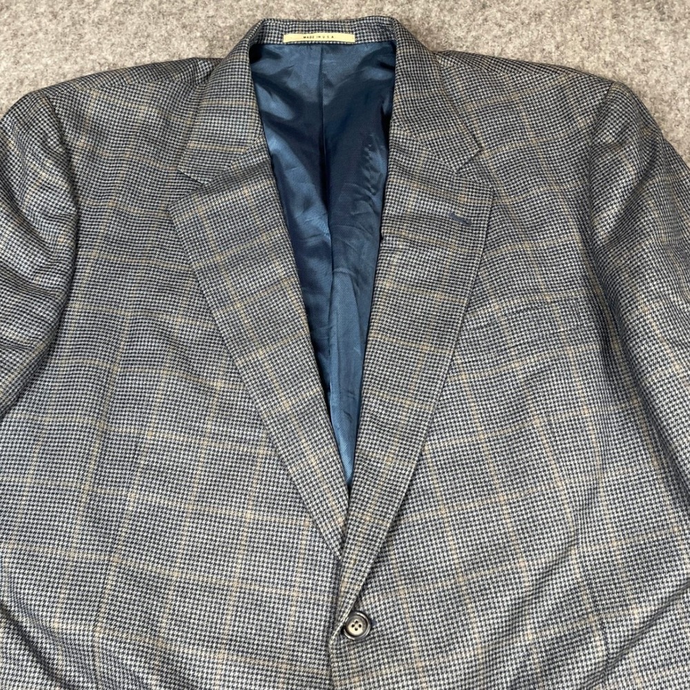 Burberry London Blazer Mens 52L Blue Silk Wool Houndstooth Plaid Sport Coat USA